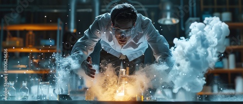 mad scientist in a lab coat conducting a dangerous experiment, surrounded by flames and smoke photo