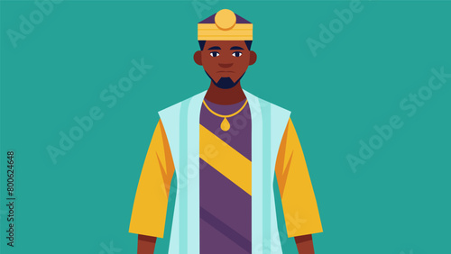 A male model confidently strutting in a traditional Nigerian agbada complete with a matching gele headwrap and beaded accessories exuding African. Vector illustration