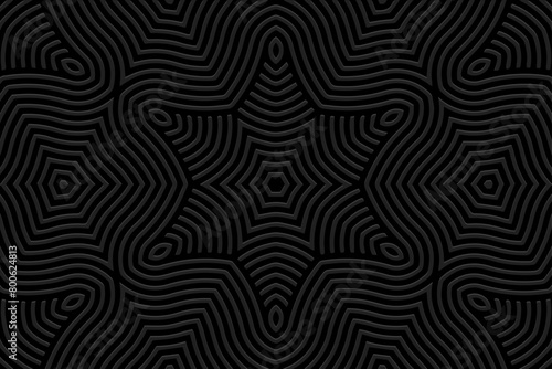 Embossed black background, ethnic cover design. Geometric linear creative 3D pattern. Tribal handmade style, ornaments. Luxurious boho exoticism of the East, Asia, India, Mexico, Aztec, Peru.
