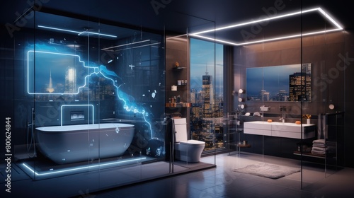 A photo cutting-edge bathroom with smart mirrors and programmable water temperature photo