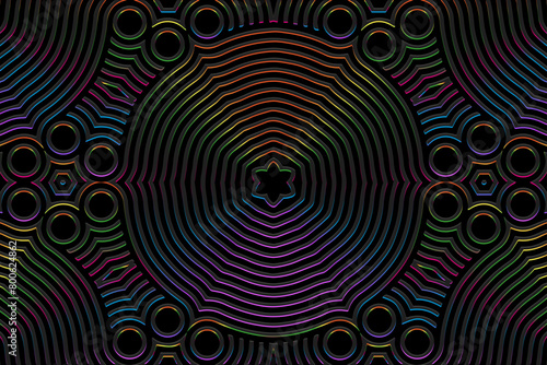 Embossed black background, ethnic cover design. Geometric abstract shiny 3D pattern. Tribal handmade style, ornaments. Luxurious boho exoticism of the East, Asia, India, Mexico, Aztec, Peru.