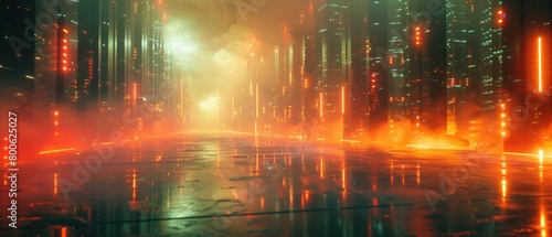 A dark and mysterious city street with glowing red lights and a hazy fog.