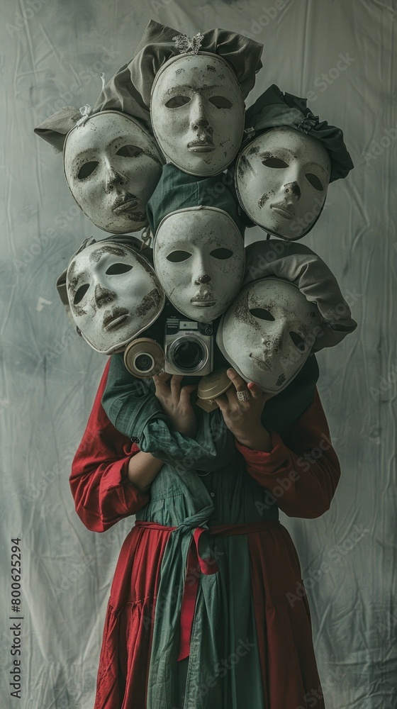 A woman wearing a red dress and a gas mask with multiple white masks arranged around her head is holding an old camera.