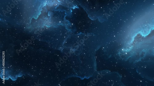 Seamless looped flight through stars on dark background. Blue galaxies and constellations fly by. Space Exploration. Cyclic animation of traveling through glowing nebulae, clouds and star field. 4k. photo
