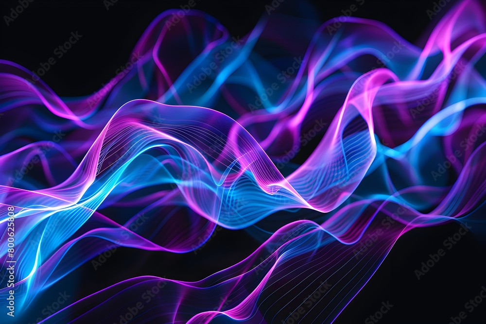 Mesmerizing blue and purple neon waves creating a pattern. Stunning artwork on black background.