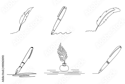 Set of continuous vintage guill pens writing, modern single line drawing graphic design, simple calligraphy vector illustration isolated on the white background