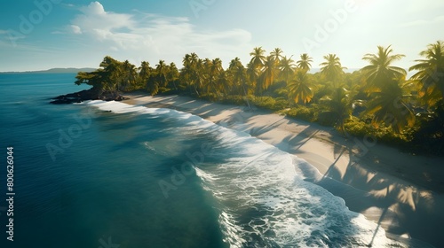 Aerial view of tropical beach with palm trees. Seascape panorama