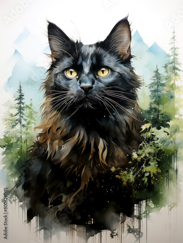 Double exposure portrait of beautiful  domestic cat and majestic forest landscape. Animal in nature. Naturall pet food concept