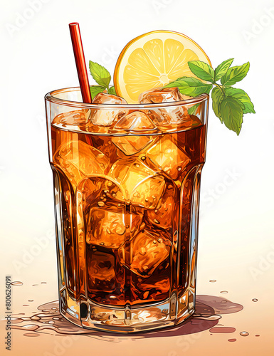 Cola mojito cocktail with ice cubes, citrus and fresh mint leaves. Cooling summer drink in a glass modern illustration