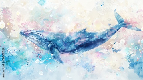 Abstract watercolor: blue whale, sea plants, jellyfish, bubbles in blue and pink on white.