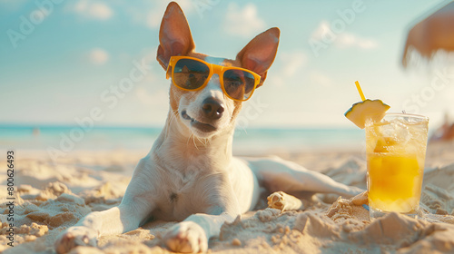 Ibizan Hound Dog Enjoying a Sunny Beach Day, Wearing Sunglasses and Laying on the Sand for Summer Vacations photo