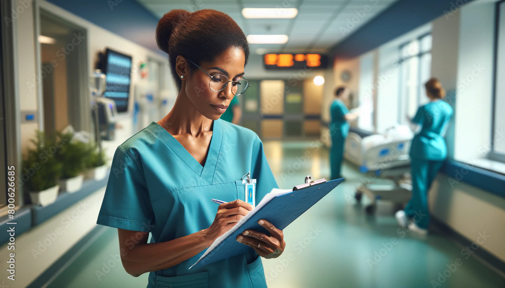 A head charge nurse in a hospital setting, checking a patient's chart ...