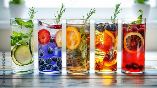 Variety of zerocalorie drinks herbal teas fizzy water no. Concept Zero Calorie Drinks, Herbal Teas, Fizzy Water, Healthy Hydration, Beverage Options photo