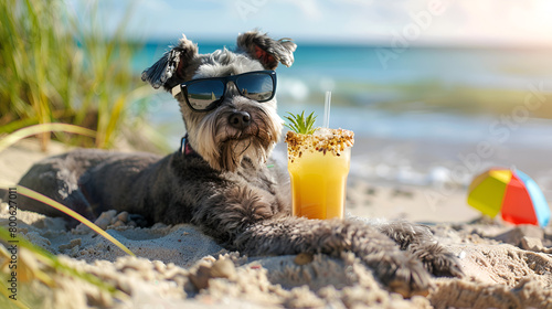 Kerry Blue Terrier Dog Soaking up the Summer Sun, Laying on the Beach with Sunglasses During Vacation