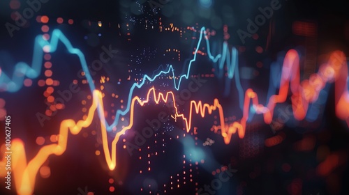 Animated market volatility graph with lightning speedlight effects on a shadowy backdrop depicting financial flux 