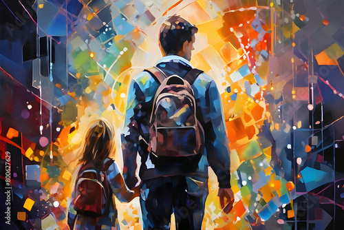 Father Parent and Daughter Elementary School Student with backpacks for Parent Family Relationship On Abstract sparkling backdrop