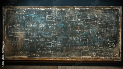 A blackboard filled with complex mathematical equations and formulas photo
