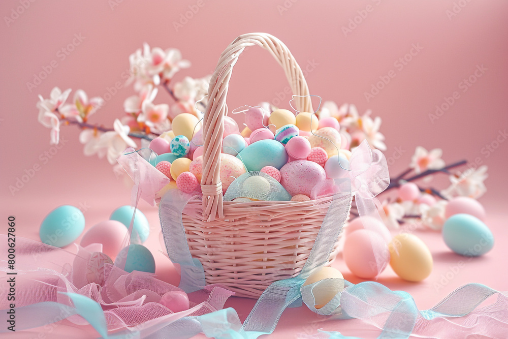 A whimsical Easter basket filled with pastel-colored candies and decorated with delicate ribbons. A whimsical Easter basket filled with pastel-colored candies and decorated with delicate ribbons.