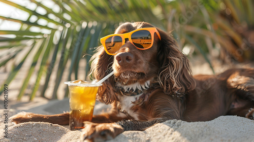 Boykin Spaniel Dog Enjoying a Sunny Beach Day, Wearing Sunglasses and Laying on the Sand for Summer Vacations photo