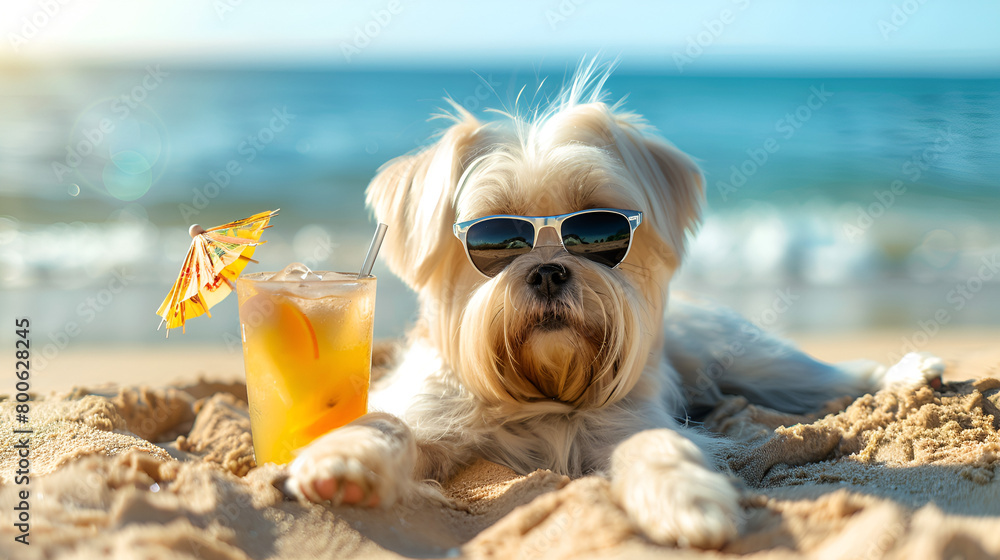 Coton de Tulear Dog Enjoying a Sunny Beach Day, Wearing Sunglasses and Laying on the Sand for Summer Vacations