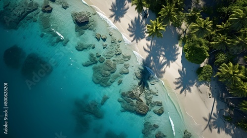 Aerial view of beautiful tropical beach with palm trees and turquoise water in Seychelles