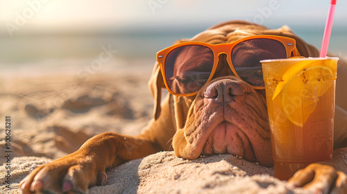 Dogue de Bordeaux Dog Laying on the Beach, Wearing Sunglasses, and Relishing the Summer Vacation Atmosphere photo