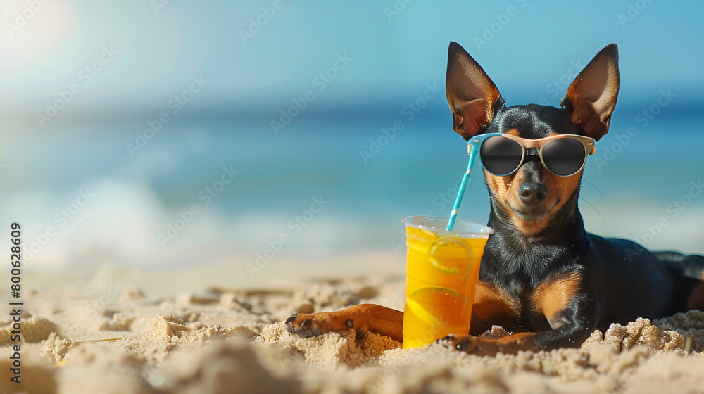 Pinscher Dog on Summer Vacation, Laying on the Beach at Sunset with Sunglasses, Embracing the Summertime Ease