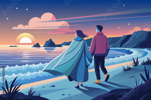 Wrapped in a cozy blanket, a couple enjoys a crisp evening walk along the beach, the sound of waves accompanying their steps