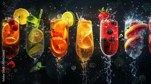 Elegant glasses brimming with sparkling mocktails, featuring a mix of fresh fruits, flavored syrups, and fizzy soda water, garnished with citrus twists, realistic photo photo