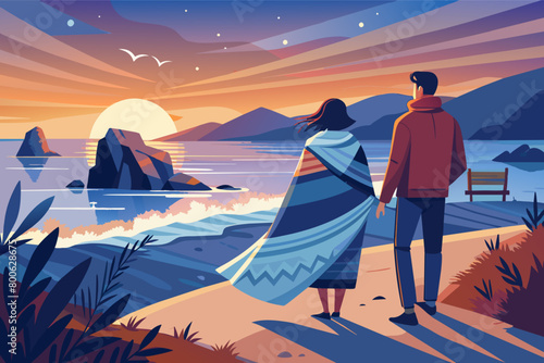Wrapped in a cozy blanket, a couple enjoys a crisp evening walk along the beach, the sound of waves accompanying their steps
