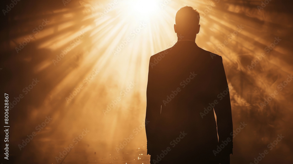 Silhouette of a man in a black suit oposite bright light Silhouette of a man in a black suit oposite bright light