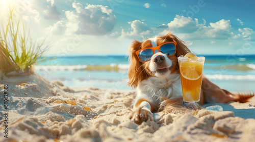 Nederlandse Kooikerhondje Dog on Summer Vacation, Laying on the Beach at Sunset with Sunglasses, Embracing the Summertime Ease