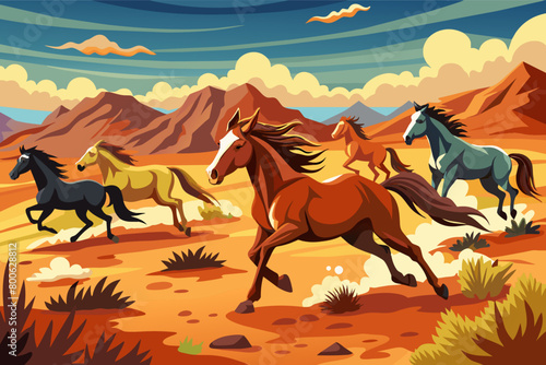 Wild mustangs running free on the open plains