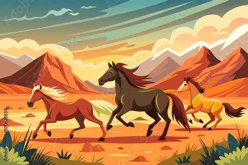 Wild mustangs running free on the open plains