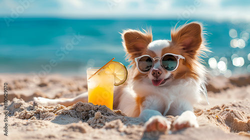 Papillon Dog on Summer Vacation, Laying on the Beach at Sunset with Sunglasses, Embracing the Summertime Ease
