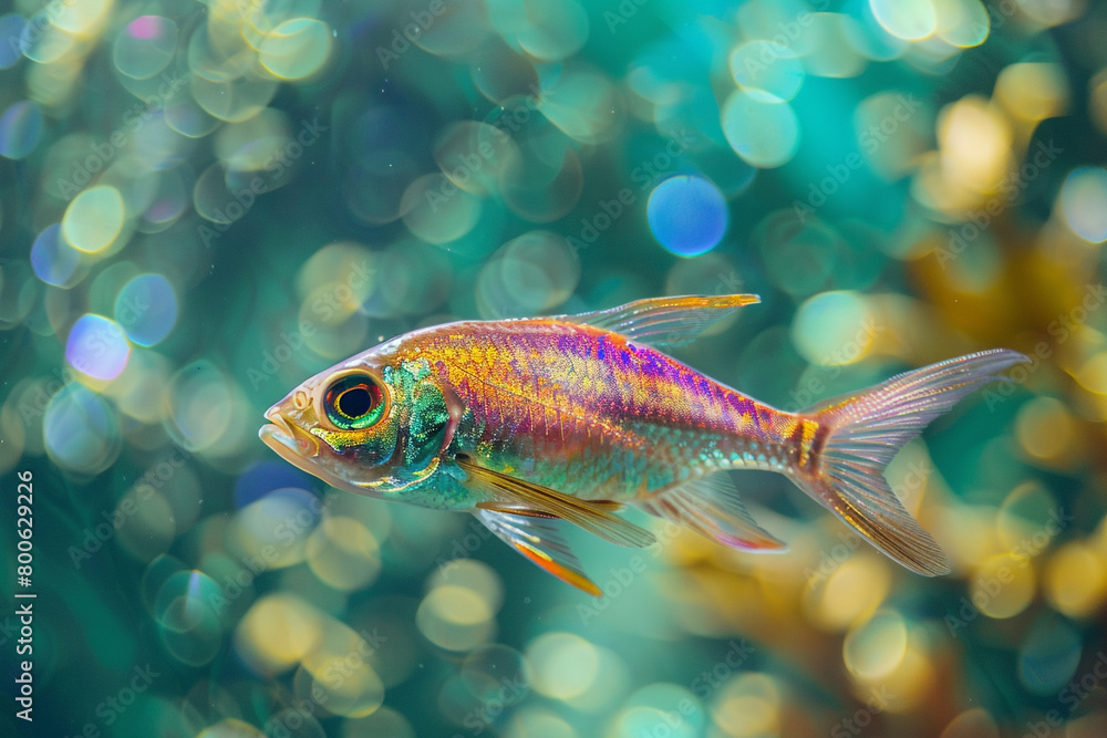 A vibrant, transparent fish swims slowly through a transparent aquarium, its iridescent scales shimmering in the light. A vibrant, transparent fish swims slowly through a transparent aquarium, its iridescent scales shimmering in the light.