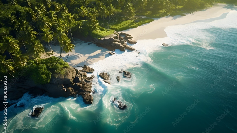 Aerial view of tropical beach. Seychelles. Panorama