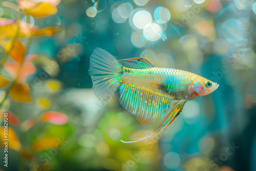 A vibrant, transparent fish swims slowly through a transparent aquarium, its iridescent scales shimmering in the light.