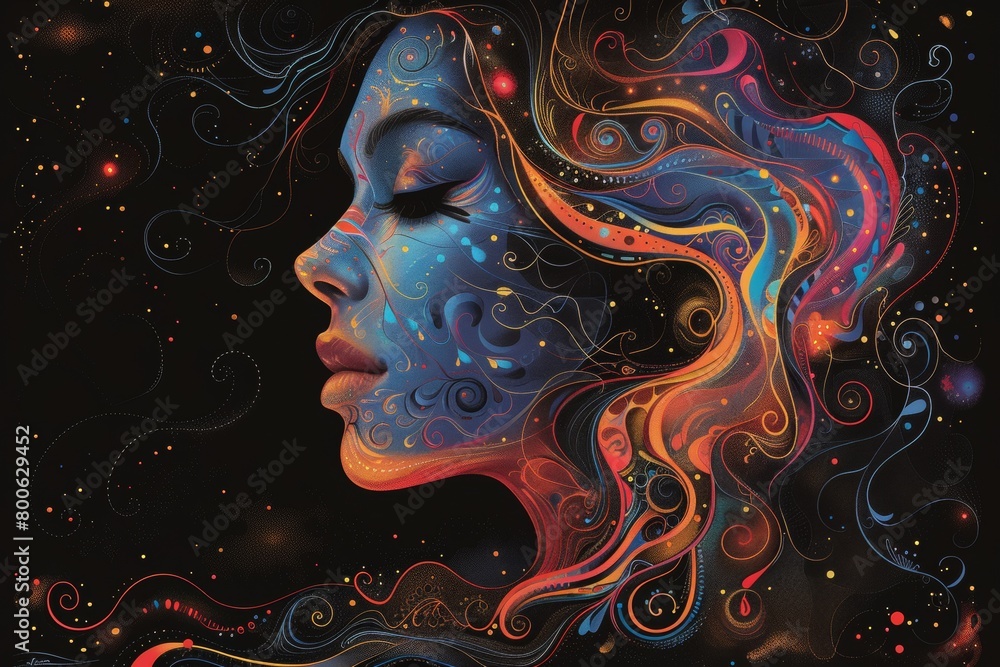 A woman with a colorful face and hair in the dark, AI A woman with a colorful face and hair in the dark, AI