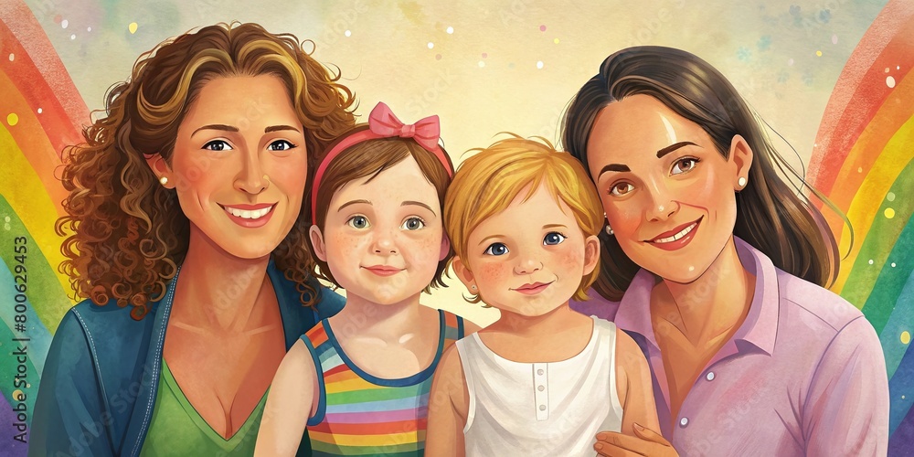 Illustration of a same-sex couple with child in a cheerful family photo Illustration of a same-sex couple with child in a cheerful family photo
