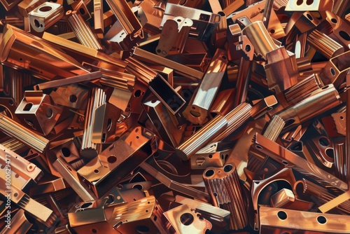 A large pile of copper colored metal parts. Suitable for industrial backgrounds photo