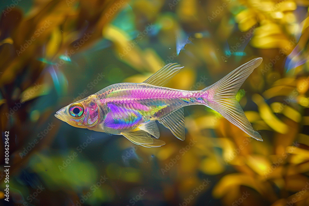 Fototapeta premium A vibrant, transparent fish swims slowly through a transparent aquarium, its iridescent scales shimmering in the light.