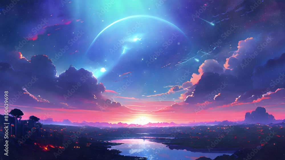 Enchanting twilight over a serene landscape with a large moon and a star-filled sky reflecting on the water. Fantasy nature scene. Seamless looping 4k time-lapse virtual video animation background Enchanting twilight over a serene landscape with a large moon and a star-filled sky reflecting on the water. Fantasy nature scene. Seamless looping 4k time-lapse virtual video animation background
