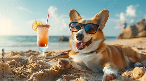 Pembroke Welsh Corgi Dog on Summer Vacation, Laying on the Beach at Sunset with Sunglasses, Embracing the Summertime Ease