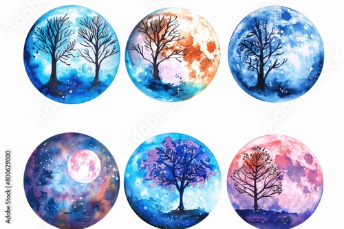 Set of four beautiful watercolor paintings of trees and the moon. Perfect for nature lovers and art enthusiasts