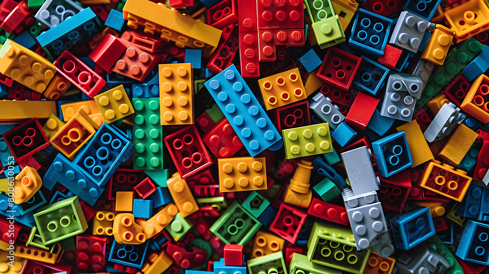 a colorful array of scattered LEGO bricks. Here are the details: The image showcases a large number of LEGO bricks in various vibrant colors