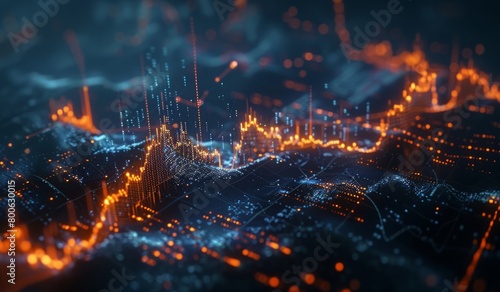 stock market graph in the style of orange and blue colors, glowing effects in a cinematic, dark background with ultra detailed
