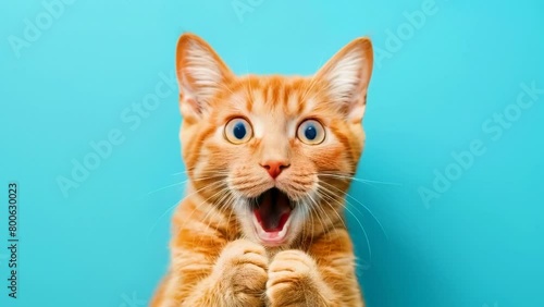 Funny ginger cat with a surprised expression on a blue background. A shocked tabby cat with its mouth open. Funny animals concept. High quality 4k footage photo