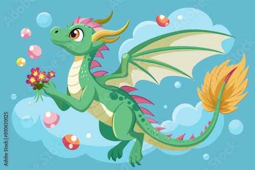 Visualize a young dragon blowing bubbles that turn into delicate flowers as they float up into the sky