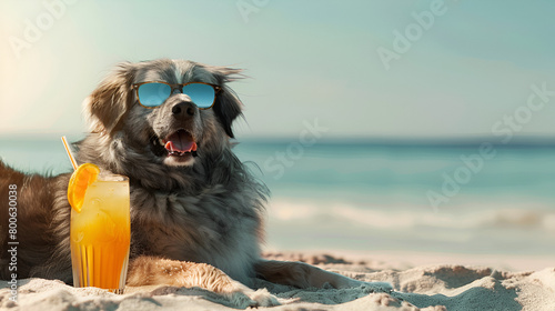 Pyrenean Shepherd Dog on Summer Vacation, Laying on the Beach at Sunset with Sunglasses, Embracing the Summertime Ease photo